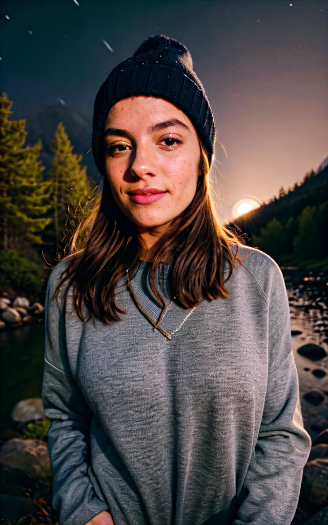 photorealistic, best quality, hyper detailed, beautiful woman, selfie photo, upper body, solo, wearing pullover, outdoors, (night), mountains, real life nature, stars, moon, (cheerful, happy), sleeping bag, gloves, sweater, beanie, flashlight, forest, rocks, river, wood, smoke, fog, clear sky, analog style, looking at viewer, skin texture, film grain, close up, ultra high res, best shadow, RAW, instagram LUT