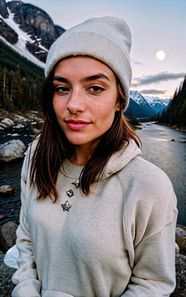 photorealistic, best quality, hyper detailed, beautiful woman, selfie photo, upper body, solo, wearing pullover, outdoors, (night), mountains, real life nature, stars, moon, (cheerful, happy), sleeping bag, gloves, sweater, beanie, flashlight, forest, rocks, river, wood, smoke, fog, clear sky, analog style, looking at viewer, skin texture, film grain, close up, ultra high res, best shadow, RAW, instagram LUT