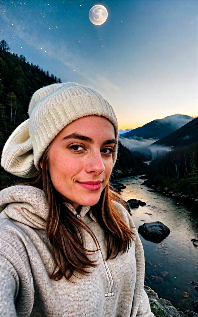 photorealistic, best quality, hyper detailed, beautiful woman, selfie photo, upper body, solo, wearing pullover, outdoors, (night), mountains, real life nature, stars, moon, (cheerful, happy), sleeping bag, gloves, sweater, beanie, flashlight, forest, rocks, river, wood, smoke, fog, clear sky, analog style, looking at viewer, skin texture, film grain, close up, ultra high res, best shadow, RAW, instagram LUT