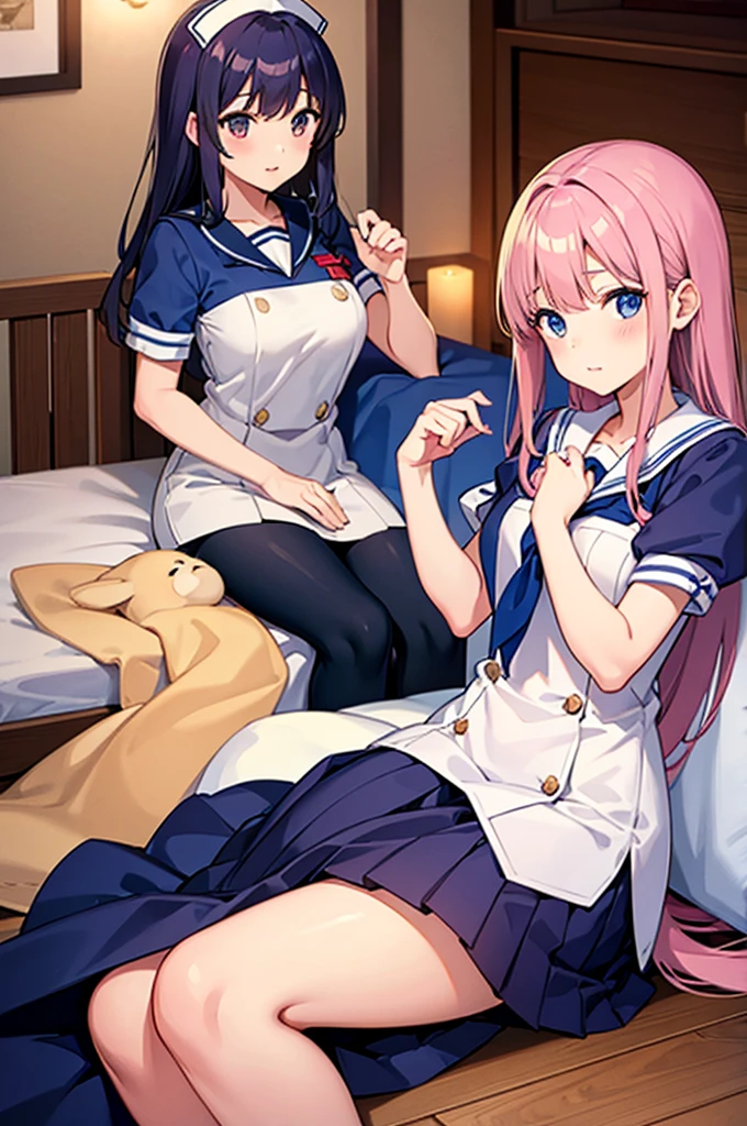 Six high school girls in sailor suits resting on beds in the nurse's office due to poor health caused by the change in seasons.