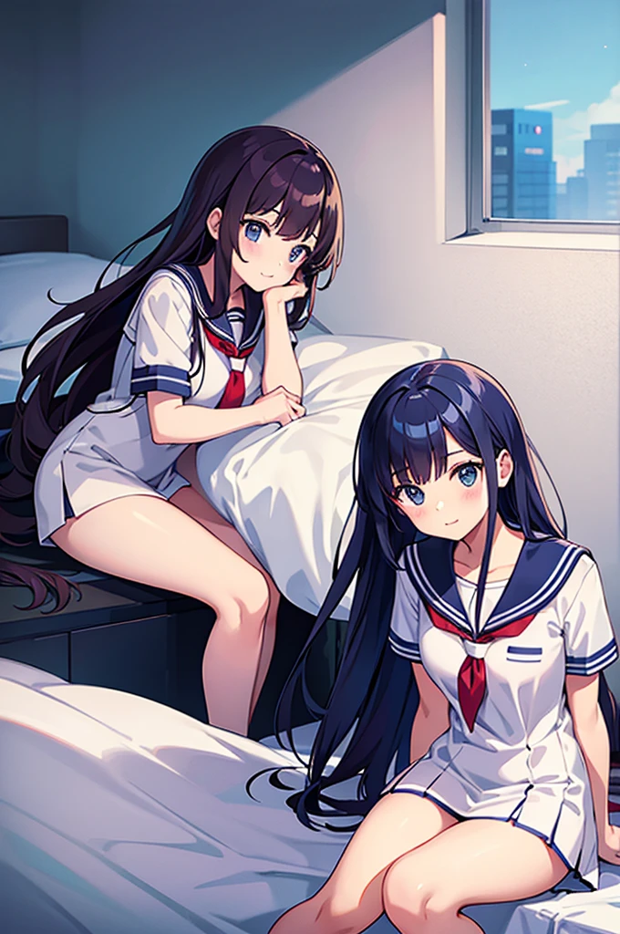 source_anime, high res image, masterpiece, best quality, highly detailed
clear skin, shiny hair,a dark haired anime character sitting on a bed with her skirt tucked up , 1girl, solo, blue eyes, purple hair, skirt, thighhighs, breasts, smile, sitting, cleavage, shirt, long hair, black hair, looking at viewer, white shirt, black thighhighs, pleated skirt, pillow, shirt tucked in, short sleeves, parted lips, bangs, blush, blue skirt, collared shirt, collarbone, on bed, yokozuwari,