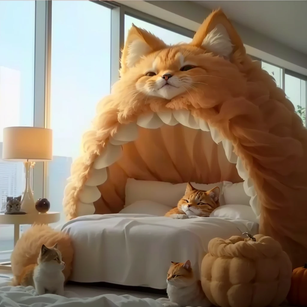 um close de uma cama com uma estrutura em forma de gato, luxurious furniture, The bed is not made, designed for a cozy aesthetic!, large comfy bed, anthropomorphic shiba inu, pumpkin, cama aconchegante, very recursos fofos, the cat is cute, gato kawaii, monstro gato gigante, recursos fofos, screenshot of youtube video