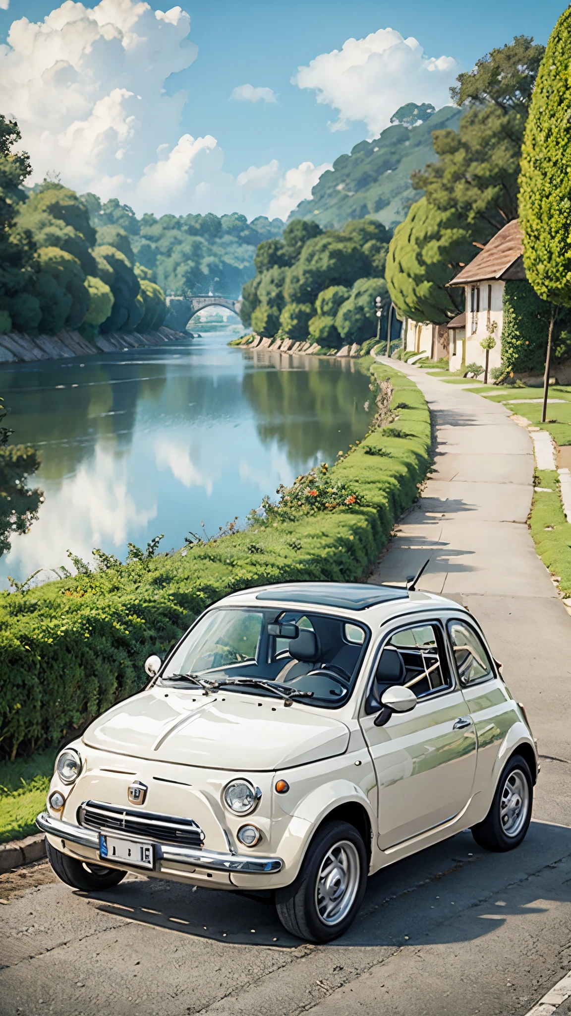 (masterpiece:1.2, Highest quality),(Very detailed),(((Anime Style))),8k,wallpaper,Cream-colored Fiat 500,Run,Riverside road,blue sky,(((Ghibli style)))