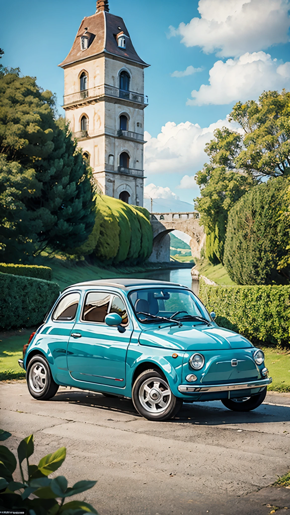 (masterpiece:1.2, Highest quality),(Very detailed),(((Anime Style))),8k,wallpaper,Cream-colored Fiat 500,Run,Riverside road,blue sky,(((Ghibli style)))