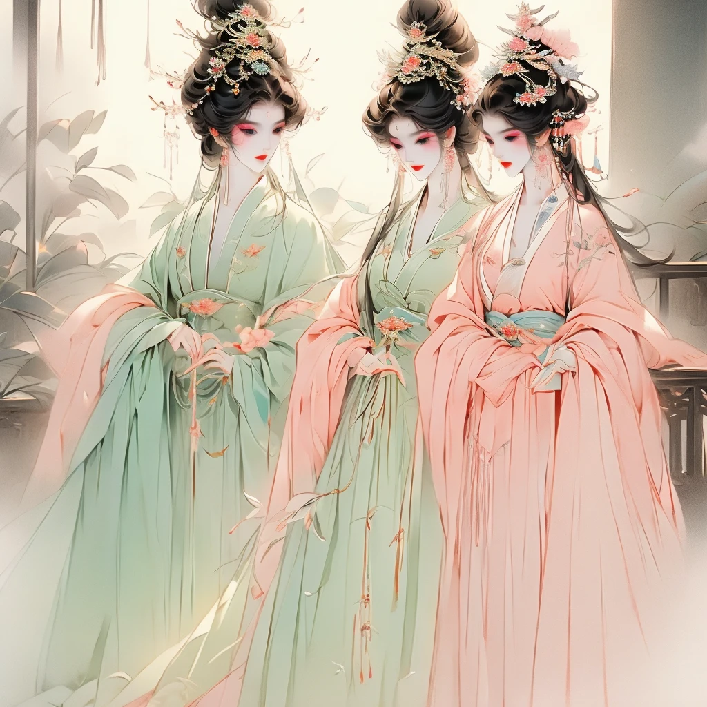 A couple of chinese opera singers, 1 male and 1 female, wearing traditional pastel coloured dressed clothes in a scene on a theater .Detailed image. Dinamic lighting. High definition. Masterpiece