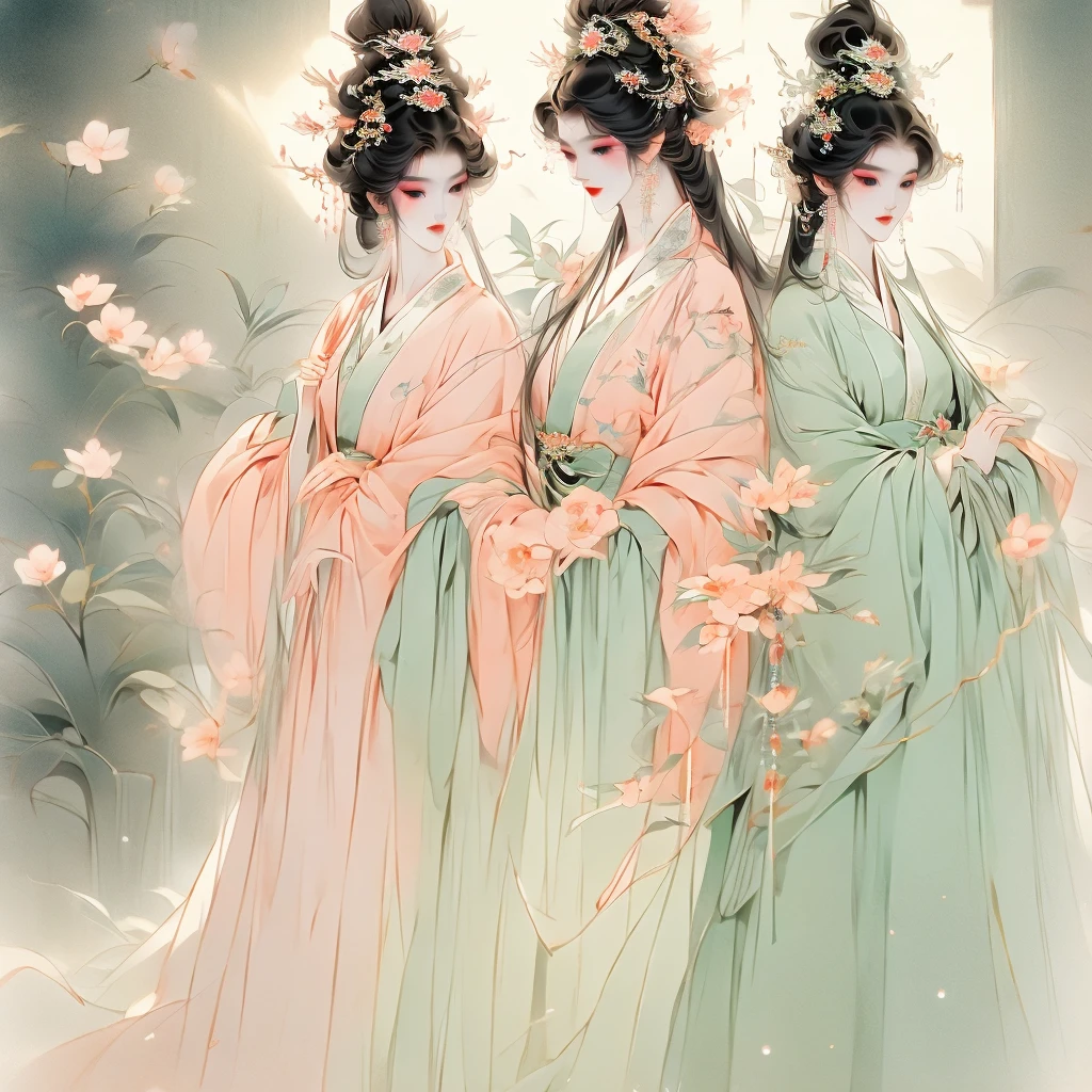 A couple of chinese opera singers, 1 male and 1 female, wearing traditional pastel coloured dressed clothes in a scene on a theater .Detailed image. Dinamic lighting. High definition. Masterpiece