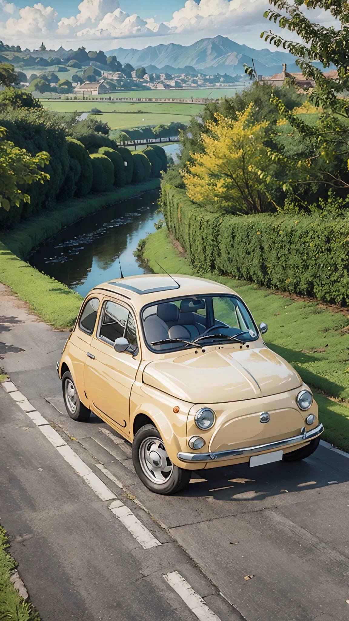 (masterpiece:1.2, Highest quality),(Very detailed),(((Anime Style))),8k,wallpaper,Cream-colored Fiat 500,Run,Riverside road,blue sky,(((Ghibli style)))