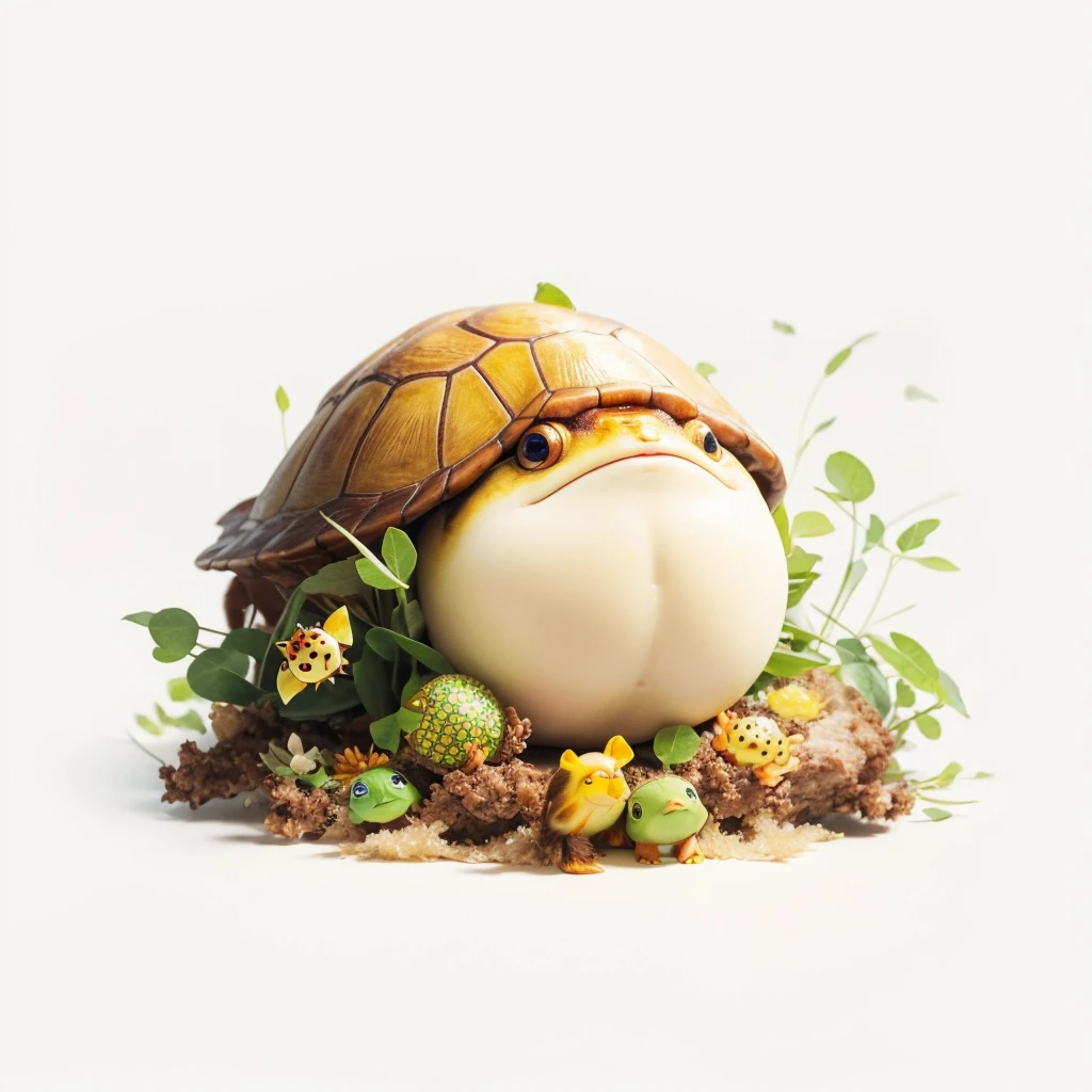 Small Animals, glow gold eyes, (his eyes gave off light), pufferfish mixed with turtle reds, Grassroots, no background