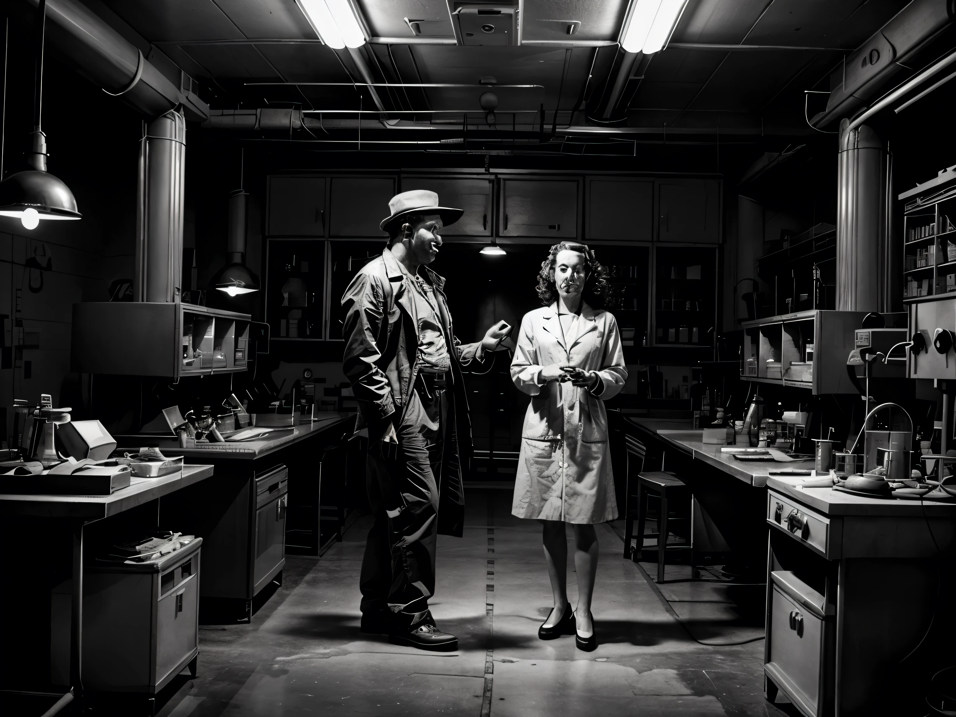 1940s black and white movie scene, classic scifi laboratory, mad scientist and alien helper
