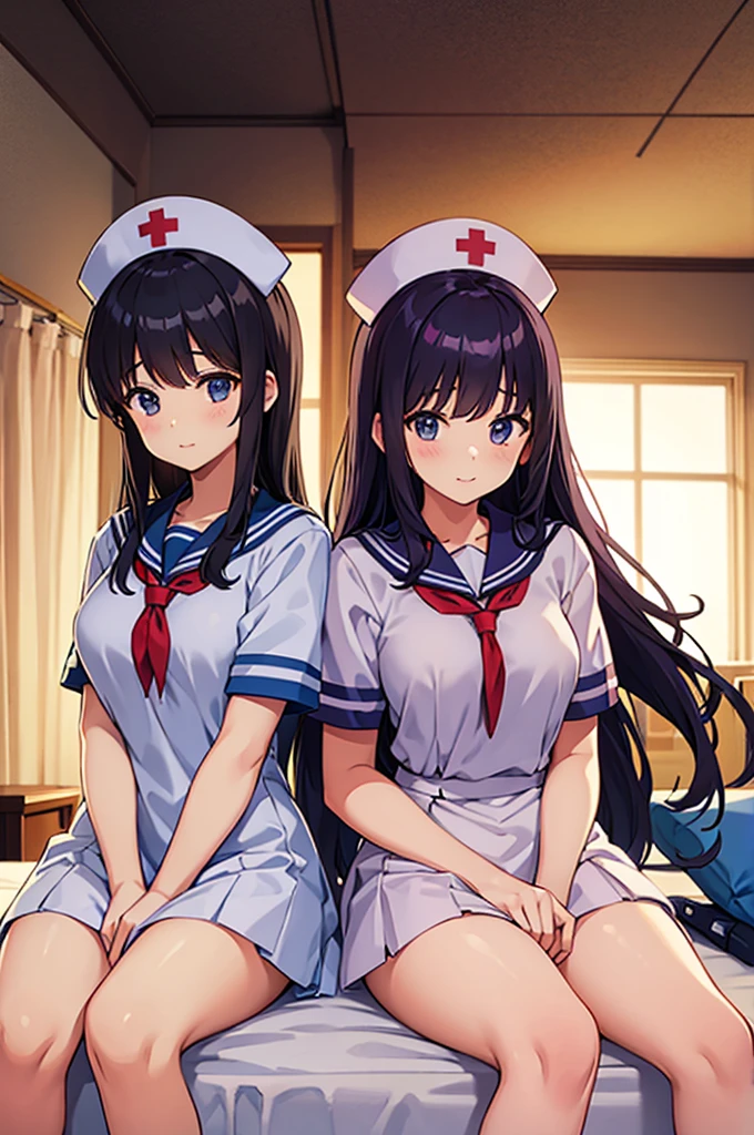 Six high school girls in sailor suits resting on beds in the nurse's office due to poor health caused by the change in seasons.