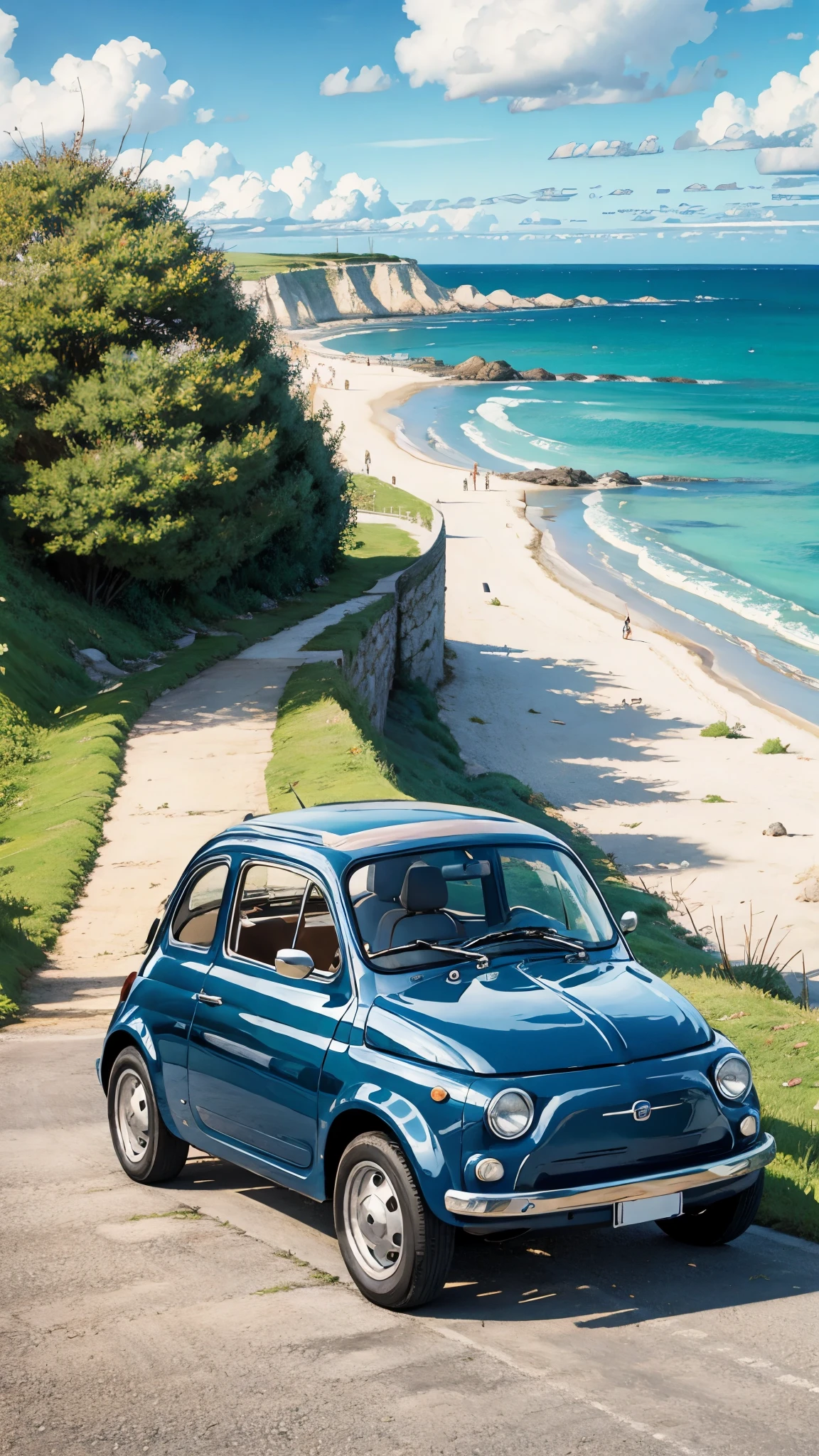 (masterpiece:1.2, Highest quality),(Very detailed),(((Anime Style))),8k,wallpaper,Cream-colored Fiat 500,Run,Seaside Road,blue sky,(((Ghibli style)))