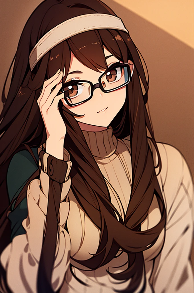 Mujer, long brown hair, con gafas redondas, Brown eyes