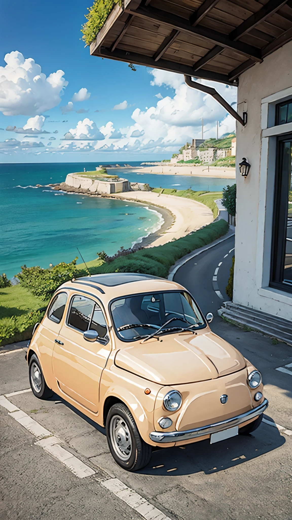 (masterpiece:1.2, Highest quality),(Very detailed),(((Anime Style))),8k,wallpaper,Cream-colored Fiat 500,Run,Seaside Road,blue sky,(((Ghibli style)))