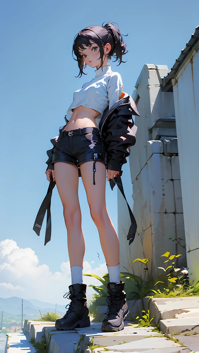 Cool Girl, Navel exposed, Thin legs, Calf socks, boots, tight shorts, blue simple background, full-body shot