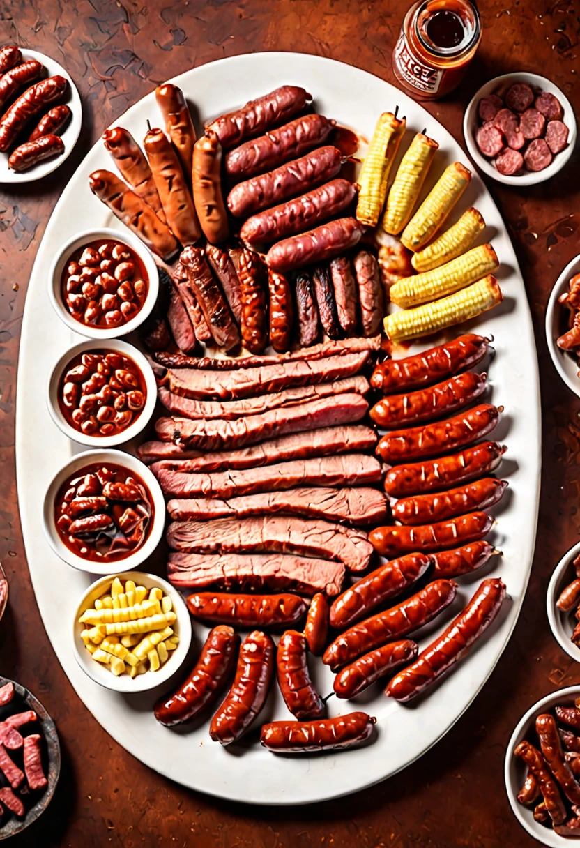 ultra-realistic photograph of a smoky and flavorful Texas barbecue platter with brisket and sausage links