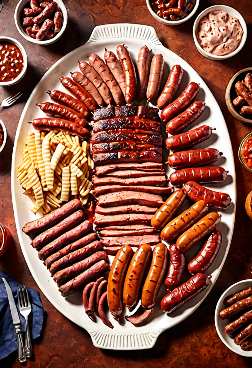 ultra-realistic photograph of a smoky and flavorful Texas barbecue platter with brisket and sausage links