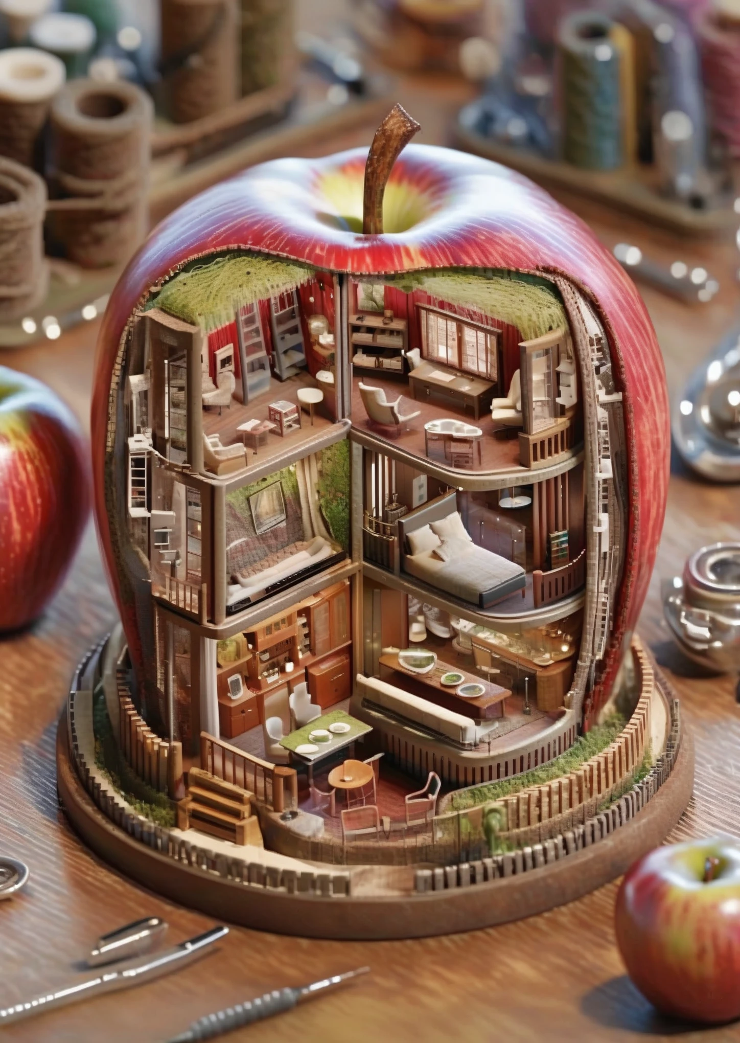 a miniature of a model of a house inside a apple, weaving a micro world of threads into garments that tell stories. , incredibly detailed, a microscopic photo, photorealism