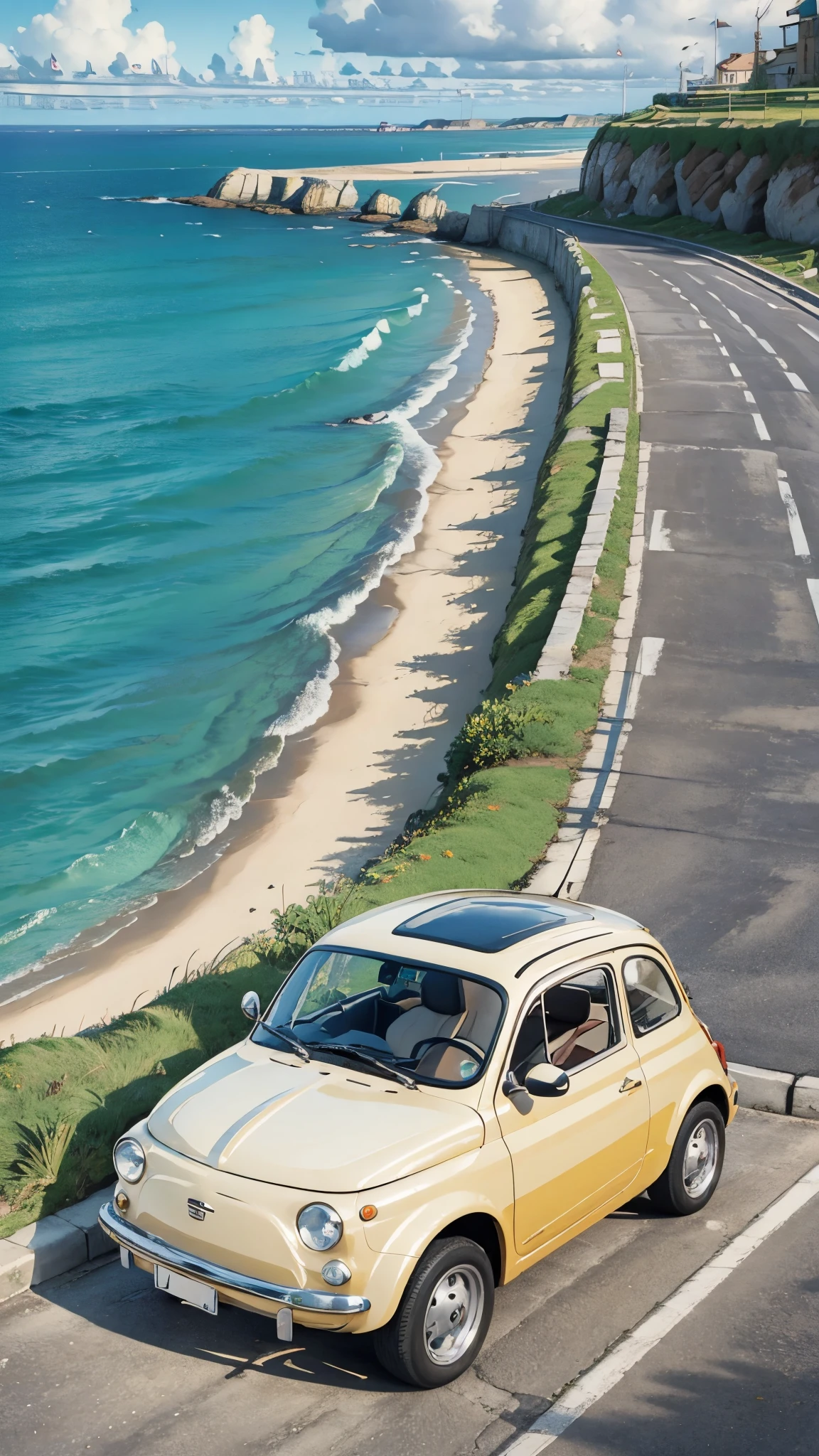 (masterpiece:1.2, Highest quality),(Very detailed),(((Anime Style))),8k,wallpaper,Cream-colored Fiat 500,Run,Seaside town,blue sky,(((Ghibli style)))