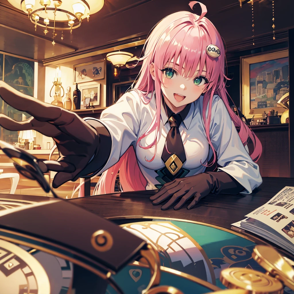 (masterpiece, best quality, detailed), 1girl, solo, looking at viewer, aalala, long hair, ahoge, hair ornament, green eyes, breasts,
pant suit, suit, formal, black suit, black pants, necktie, white shirt, sunglasses, indoors, casino, chandelier, roulette, pocker chip, money, dutch angle, pov across table, elbows on table, elbow rest, smile, open mouth, smug