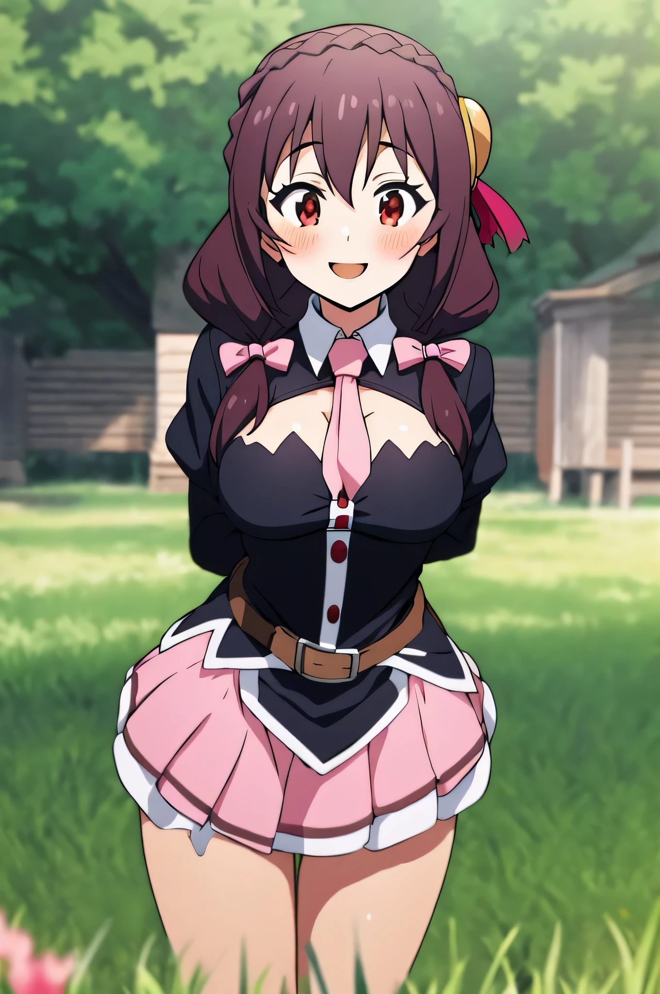 (masterpiece, Highest quality), One girl,    Yunyun,Long Hair,Braiding,Twin tails,Hair between the eyes,Red hair ribbon,hair ornaments,large round breasts,、Pink Skirt、Black Hair、Red Eyes、(A happy smile:1.2)、grassland、Crown Blade,Black Shirt, Long sleeve,Pink tie, belt, Cleavage cutout、cowboy shot、(blush:1.2)