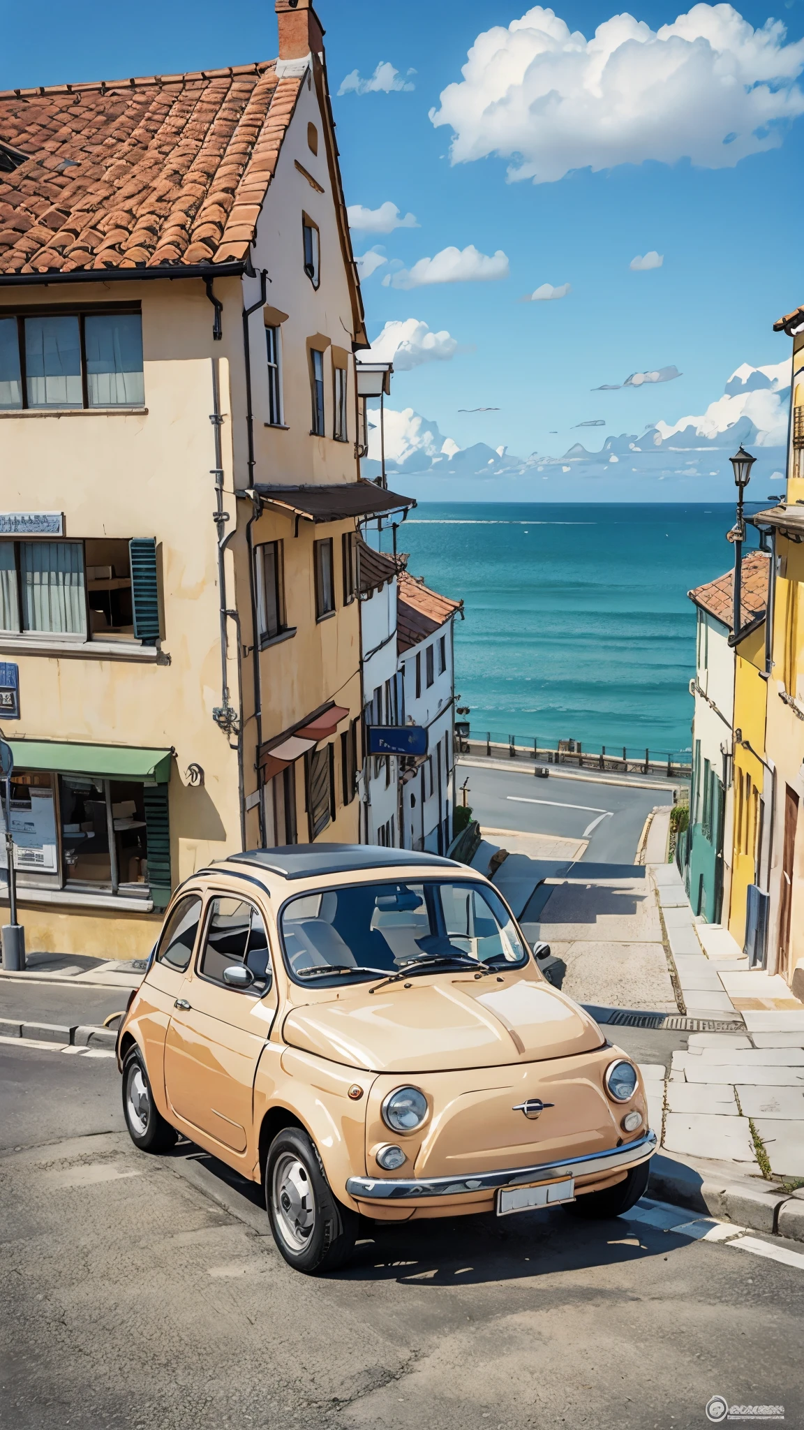 (masterpiece:1.2, Highest quality),(Very detailed),(((Anime Style))),8k,wallpaper,Cream-colored Fiat 500,Run,Seaside town,blue sky,(((Ghibli style)))