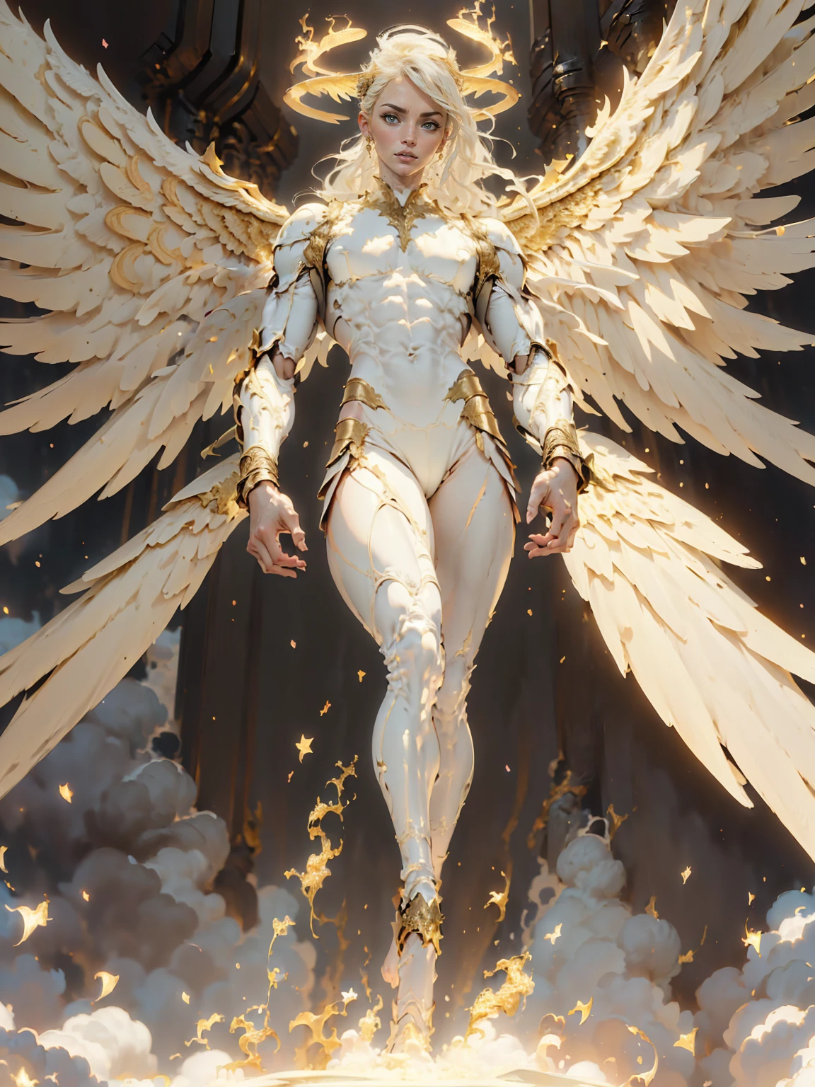 (cara delevingne), ((((((1 muscular angel girl)))))), (((huge upper body))), long hair, ((((huge angelic wings))), (((pale skin))), ((((full body front view)))), (((perfect hands, perfect fingers))), (((empty background)))