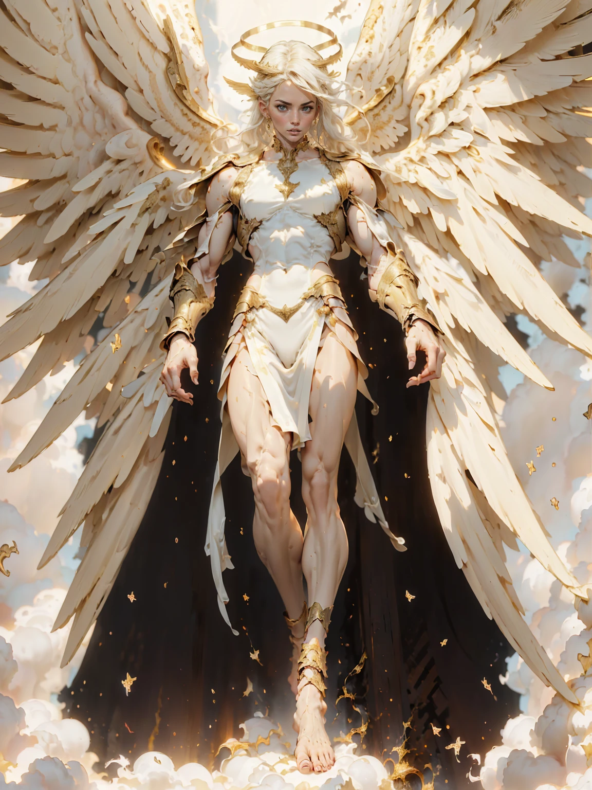 (cara delevingne), ((((((1 muscular angel girl)))))), (((huge upper body))), long hair, ((((huge angelic wings))), (((pale skin))), ((((full body front view)))), (((perfect hands, perfect fingers))), (((empty background)))