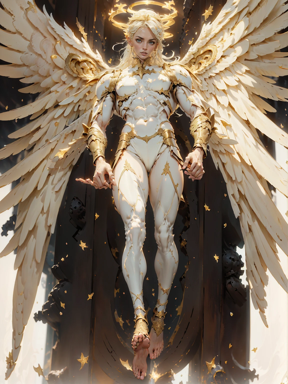 (cara delevingne), ((((((1 muscular angel girl)))))), (((huge upper body))), long hair, ((((huge angelic wings))), (((pale skin))), ((((full body front view)))), (((perfect hands, perfect fingers))), (((empty background)))