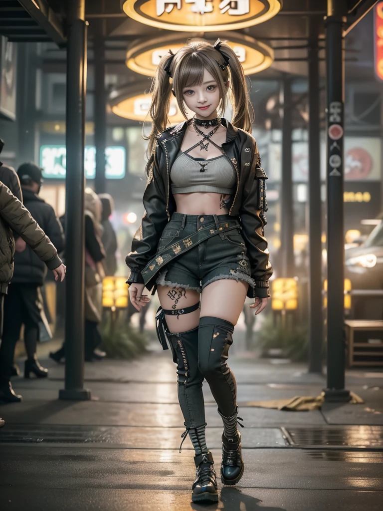 (Hostess:1.3)、(Smiling with teeth showing:1.3),(Shibuya Gal:1.5)、(y2k woman:1.4)、(Lolita Fashion:1.5)、(Punk RockVisual Kei:1.4)、(A modern short jacket in dark grey and moss green.:1.5)、(Tattered brown and charcoal denim low rise cargo pants:1.5)、(Mustard Yellow Headband:1.3)、(Charcoal and khaki striped knee socks:1.4)、collar、(Brown platform long boots)、(Clothing with logo pattern:1.4)、20-year-old、Browsing Caution,((Highest quality、In 8K、masterpiece:1.3))、Sharp focus:1.2、(Layered Cut、Huge breasts:1.1),Beautiful woman with perfect figure:1.4、(Dance vigorously:1.3)、Slim Abs:1.2、Butt、Highly detailed face and skin texture、Fine grain、double eyelid,(Twin tails:1.3)、(Brownish golden hair:1.3)、Obscene、Idol Sculpture、(A luxurious amusement park at night:1.3)、(Slimming your legs:1.4)、(The body is slim:1.3)、(clavicle:1.1)