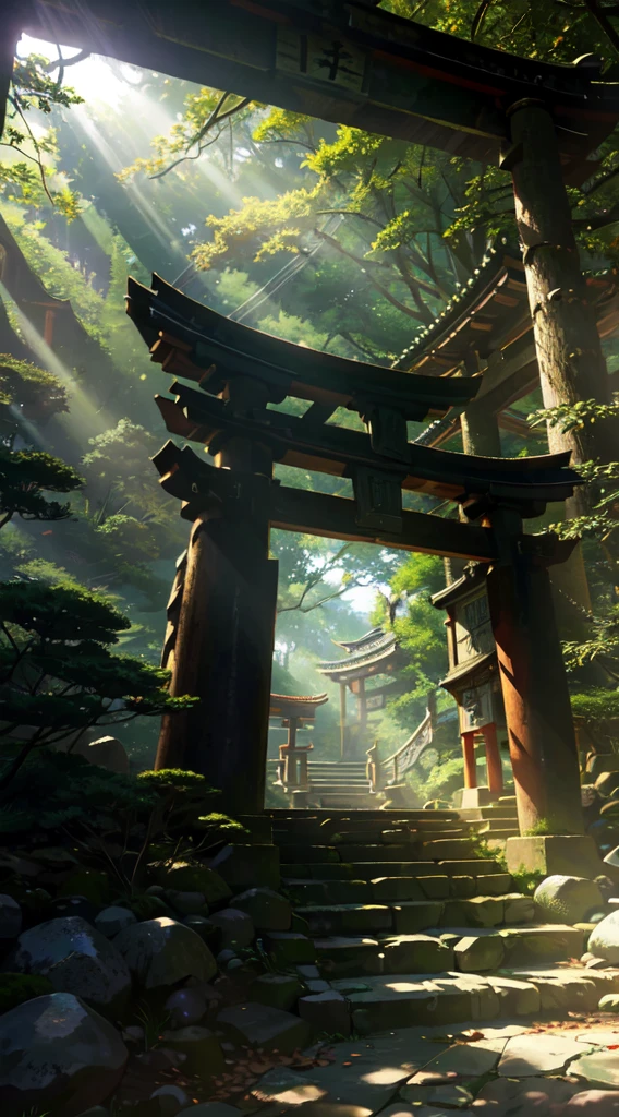 Old torii gate in the forest, old stone stairs, sunlight filtering through the trees, nostalgic