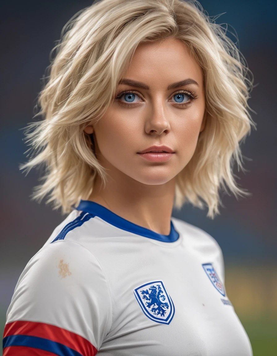 beautiful blonde woman wearing a tight England football shirt and lace gstring panties, full body picture, intricate detailed face, perfect body, athletic body, beautiful detailed eyes, beautiful detailed lips, long eyelashes, muscular athletic figure, dynamic action pose, (best quality,4k,8k,highres,masterpiece:1.2),ultra-detailed,(realistic,photorealistic,photo-realistic:1.37),HDR,UHD,studio lighting,ultra-fine painting,sharp focus,physically-based rendering,deep blue eyes, extreme detail description,professional,vivid colors,bokeh,sports,football,portrait, (messy bob hairstyle, white blond hair color), messy hairstyle, messy bob, messy hairstyle, white blond, 5 foot 3 inches tall, 110 pounds in weight, 34G breasts, large firm round breasts, very large breasts, cleavage, photorealistic, 4K, 8K, UHD, long shot, 