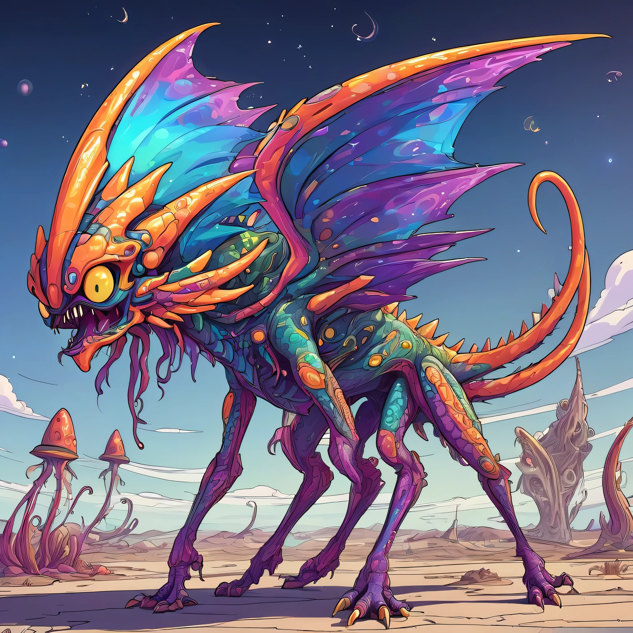 a small bizarre and strange looking brightly coloured alien. Showing the entire, highly detailed body from the side. The entire picture is full of details. Strange alien landscapes in the background. Big detailed wings and sharp teeth and fangs. a sharp abdominal stinger. tentacles and antennas and multiple eyes. long spiky legs. Scaley segmented body. Hypnotic and telepathic and psychedelic looking.