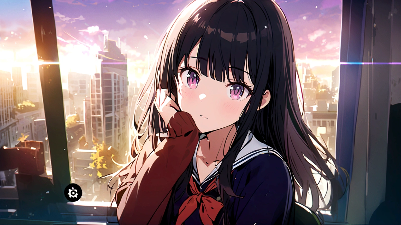 A beautiful girl with long black hair with bangs wearing a brown polo and blue skirt and a white headband over her head