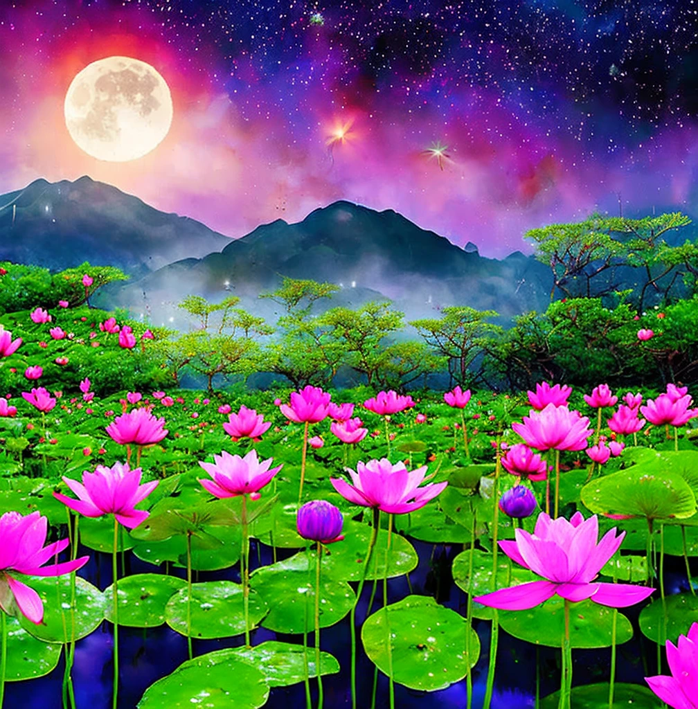 At night, only the moonlight illuminates, crooked moon, mountains in the distance, beautiful big lotus flowers nearby, big red lotus flowers, running water next to it, frogs, summer full of joy, crooked moon in the sky mixed with stars, amazing wallpaper, rainy night, night in the rain, beautiful and beautiful, movie, high detail ((heavy rain))), 8k
