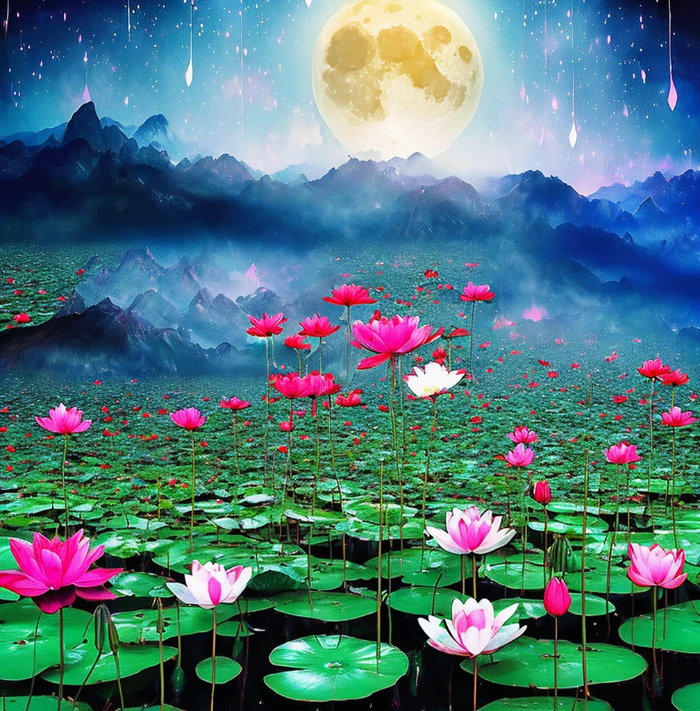 At night, only the moonlight illuminates, crooked moon, mountains in the distance, beautiful big lotus flowers nearby, big red lotus flowers, running water next to it, frogs, summer full of joy, crooked moon in the sky mixed with stars, amazing wallpaper, rainy night, night in the rain, beautiful and beautiful, movie, high detail ((heavy rain))), 8k