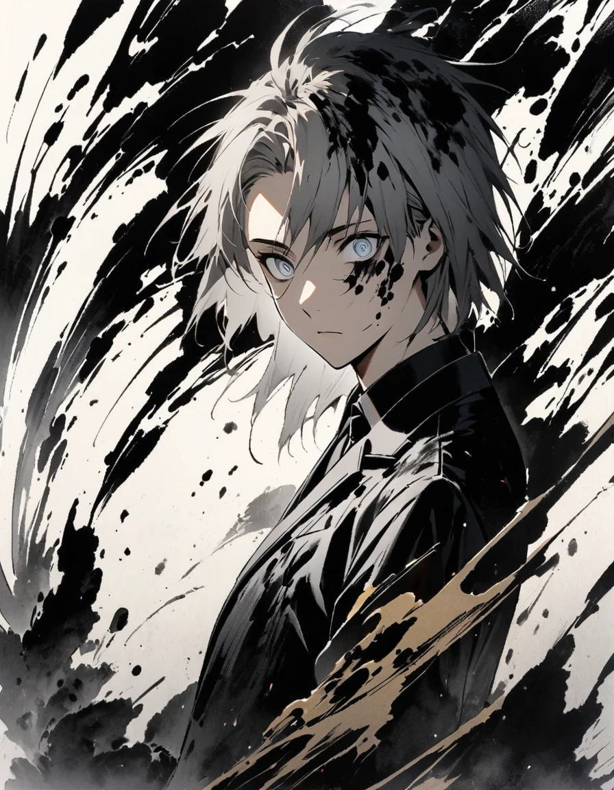 Short grey hair Sharp eyes 28 years old Holding a golden long sword Damaged black suit Ink painting art