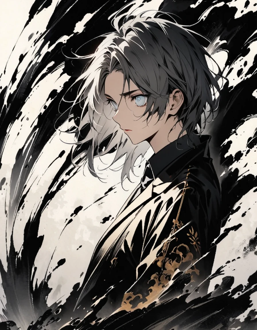 Short grey hair Sharp eyes 28 years old Holding a golden long sword Damaged black suit Ink painting art