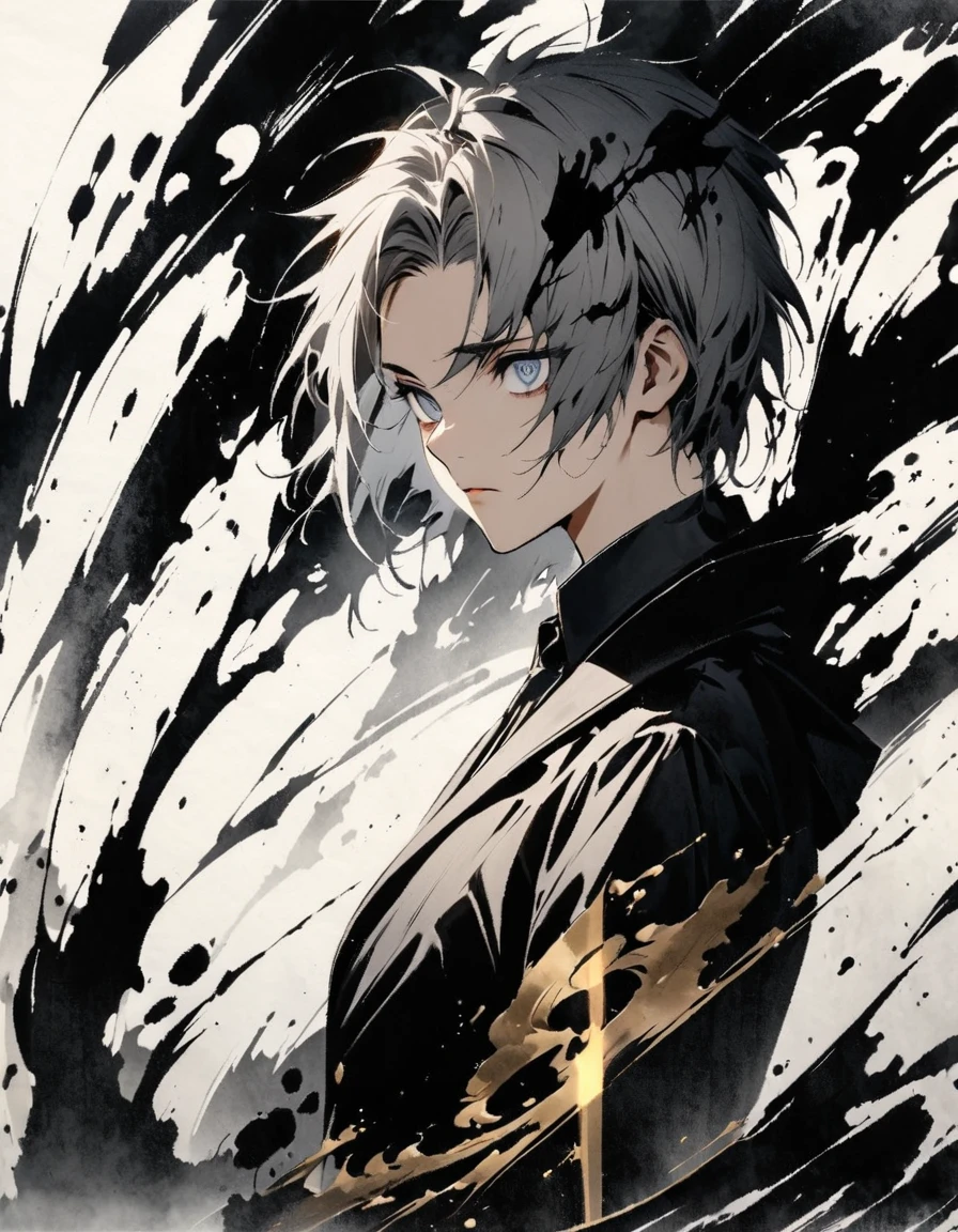 Short grey hair Sharp eyes 28 years old Holding a golden long sword Damaged black suit Ink painting art