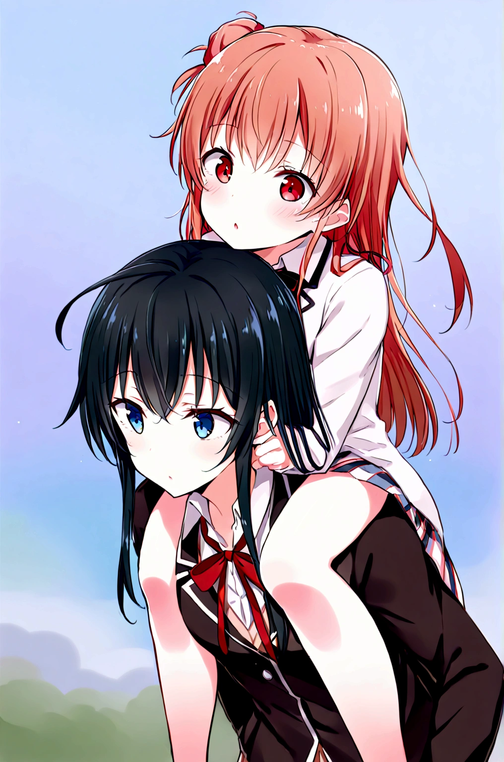 2 grils Yuigahama Yui giving yukino yukinoshita piggyback ride, Yukinoshita Yukino in the bottom blue eyes black long hair piggyback ride, size difference, yukino Yukinoshita,