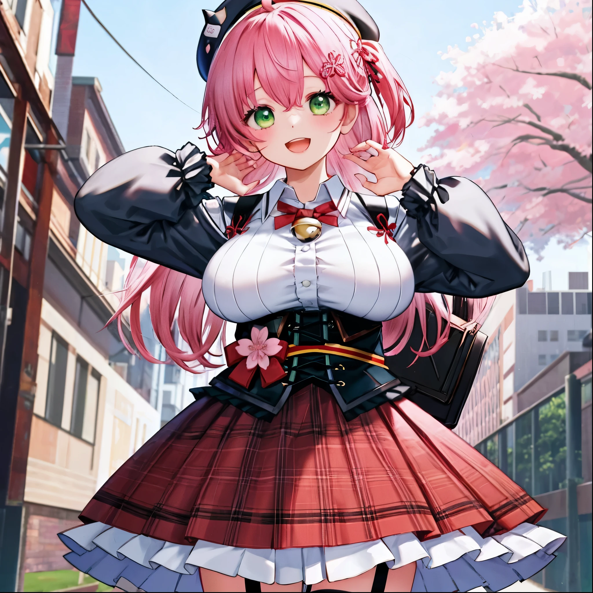 masutepiece, Best_Quality, hight_resolution, miko2,Ponytail, 1girl, Ahoge, black headwear, Hair Ornament, White shirt, black thighhighs, Pink hair, Red_skirt, very_short_skirt, plaid skirts, garter_strap, Collared shirt, hair clips, frilld, Bangs, hair between eye, frills skirt, beret, Pleated skirt, Hair Flower, Neck bell, , puffy long sleeves, Black bow, Underbust, Cowboy Shot,Smile, (gigantic_breasts:1.3),covered_nipples, covered_pussy,green_eyes, happy, childlike_posing,spread_legs,(big_smile:1.2),plump,open_mouth,shout,half_eyes,cherryblossom_park_background,