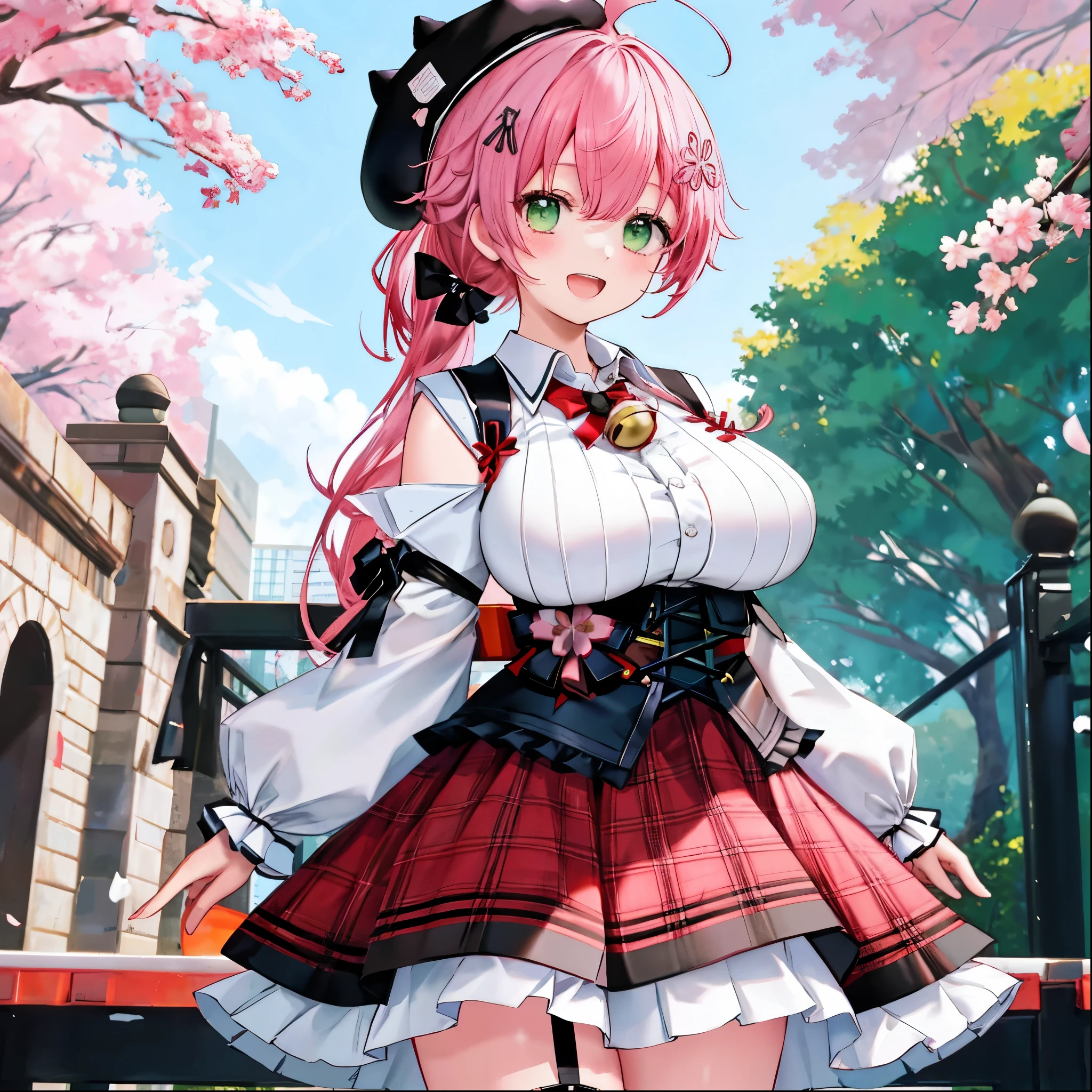 masutepiece, Best_Quality, hight_resolution, miko2,Ponytail, 1girl, Ahoge, black headwear, Hair Ornament, White shirt, black thighhighs, Pink hair, Red_skirt, very_short_skirt, plaid skirts, garter_strap, Collared shirt, hair clips, frilld, Bangs, hair between eye, frills skirt, beret, Pleated skirt, Hair Flower, Neck bell, , puffy long sleeves, Black bow, Underbust, Cowboy Shot,Smile, (gigantic_breasts:1.3),covered_nipples, covered_pussy,green_eyes, happy, childlike_posing,spread_legs,(big_smile:1.2),plump,open_mouth,shout,half_eyes,cherryblossom_park_background,