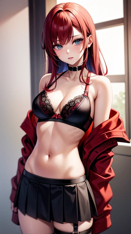 An anime girl with red hair and blue eyes wearing a skirt and an open shirt revealing a black and red lace bra