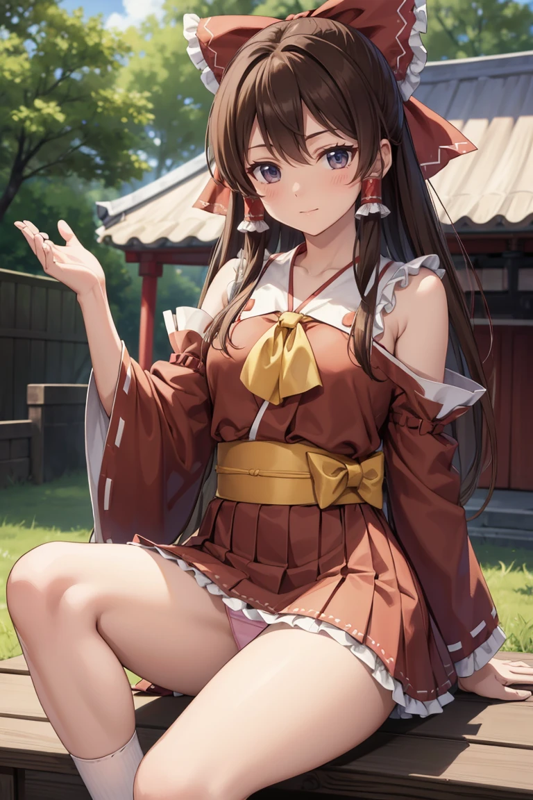 reimu hakurei, (Brown eyes:1.5), Brown Hair, bow, hair bow, Hair Tube, Long Hair, red bow, Side Lock,
Blake Ascot, Bare shoulders,Removable sleeves, embellished costume, Frills, kimono, Non-traditional Shrine Maiden, Red Skirt, Sandals, sarashi, mini skirt, socks, White sleeves, white socks, Wide sleeves,Bed、lie down、((Panty shot、Cute Panties))、
BREAK Watch Viewers,blush、Surprise face、
Outdoor rest, shrine,Cowboy Shot,Smile Break (masterpiece:1.2), Highest quality, High resolution, unity 8k wallpaper, (figure:0.8), (Beautiful attention to detail), Highly detailed face, Perfect lighting, Highly detailed CG, (Perfect hands, Perfect Anatomy),Dynamic pose,
