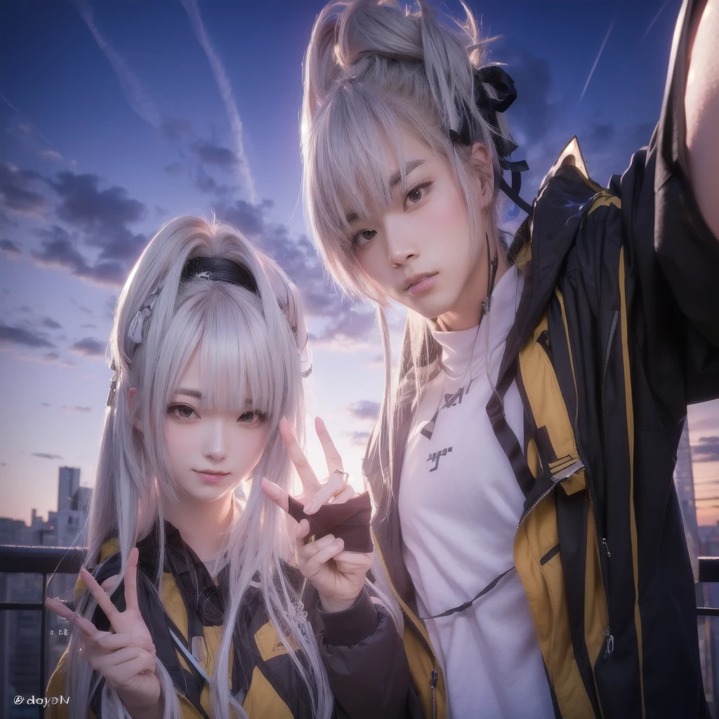 anime characters male and female posing for a picture in front of a city