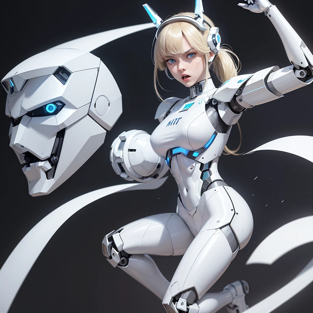 a girl with a full white cyborg body, featuring sleek and high-tech components. She has beautiful blonde ponytail and bangs, blue eyes, and an angry expression. with her polished mechanical limbs and torso emphasizing her intense emotions. ((white robot mecha headgear)), ((white cyborg body)), headband