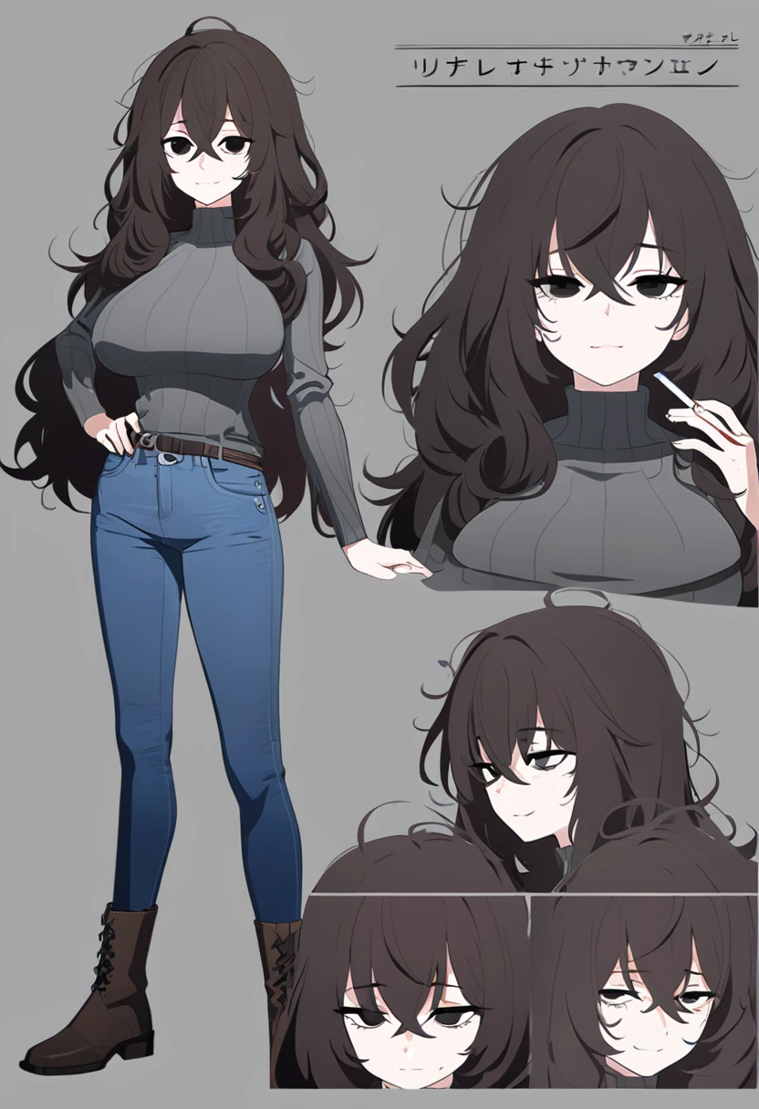 One Woman,Downer,older sister,Concept Art,Dark brown hair,Straight hair with slight inward curls,Staring eyes,Eye Ridge,black eye,Crossed bangs,whole body,smile,Larger breasts,Gray background,Bangs that reach down to the eyes,Messy hair,Tight dark jeans,Gray turtleneck sweater,Multiple views of the same character,Character Design,Dark circles under the eyes,Bad look,Listless,Sloppy,Silver Jewelry,Cafe staff,Holding a cigarette,whole bodyCharacter Design,Detailed hands,Height: 170cm,boots,Fleshy body,