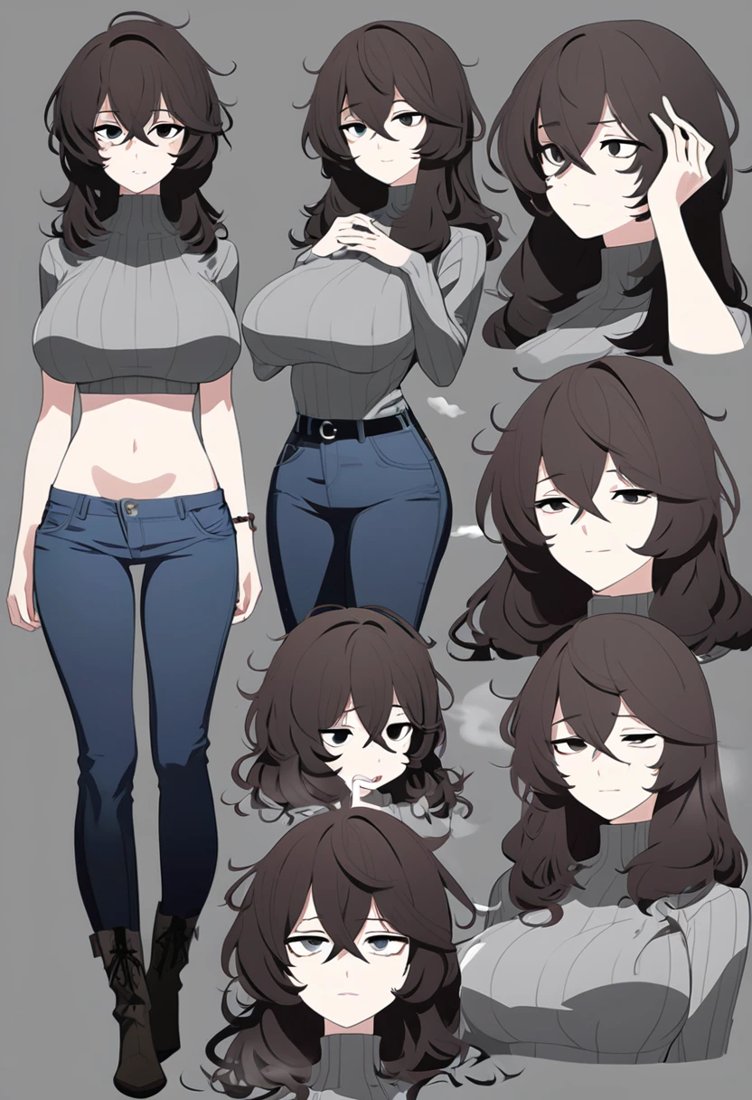 One Woman,Downer,older sister,Concept Art,Dark brown hair,Straight hair with slight inward curls,Staring eyes,Eye Ridge,black eye,Crossed bangs,whole body,smile,Larger breasts,Gray background,Bangs that reach down to the eyes,Messy hair,Tight dark jeans,Gray turtleneck sweater,Multiple views of the same character,Character Design,Dark circles under the eyes,Bad look,Listless,Sloppy,Silver Jewelry,Cafe staff,Holding a cigarette,whole bodyCharacter Design,Detailed hands,Height: 170cm,boots,Fleshy body,