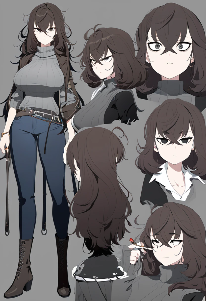 One Woman,Downer,older sister,Concept Art,Dark brown hair,Straight hair with slight inward curls,Staring eyes,Eye Ridge,black eye,Crossed bangs,whole body,smile,Larger breasts,Gray background,Bangs that reach down to the eyes,Messy hair,Tight dark jeans,Gray turtleneck sweater,Multiple views of the same character,Character Design,Dark circles under the eyes,Bad look,Listless,Sloppy,Silver Jewelry,Cafe staff,Holding a cigarette,whole bodyCharacter Design,Detailed hands,Height: 170cm,boots,Fleshy body,