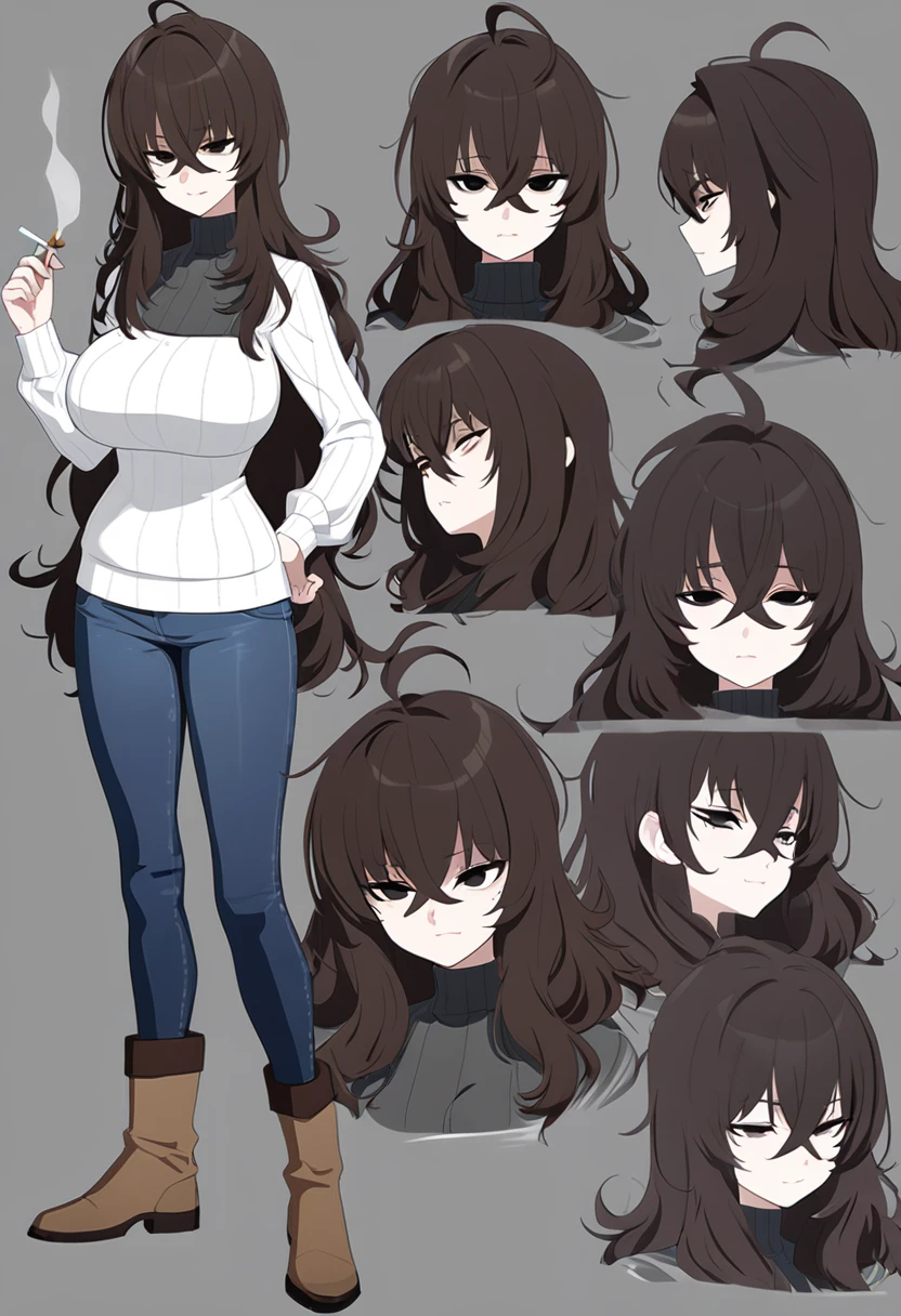 One Woman,Downer,older sister,Concept Art,Dark brown hair,Straight hair with slight inward curls,Staring eyes,Eye Ridge,black eye,Crossed bangs,whole body,smile,Larger breasts,Gray background,Bangs that reach down to the eyes,Messy hair,Tight dark jeans,Gray turtleneck sweater,Multiple views of the same character,Character Design,Dark circles under the eyes,Bad look,Listless,Sloppy,Silver Jewelry,Cafe staff,Holding a cigarette,whole bodyCharacter Design,Detailed hands,Height: 170cm,boots,Fleshy body,