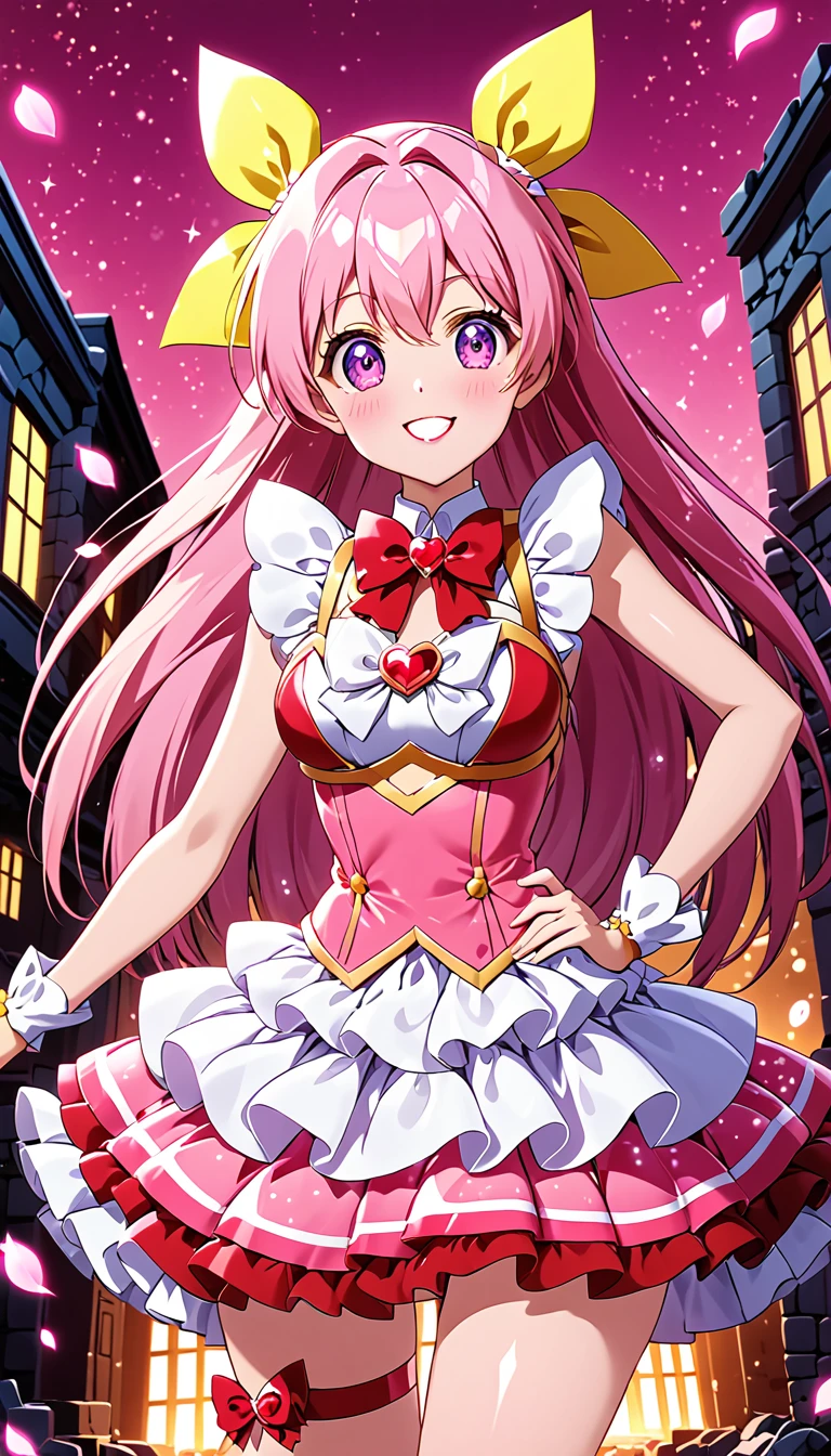 score_9, score_8_up, score_7_up, cure yell, night, ruined building, sparkles, glitters, multicolored background, shiny, glowing, lens flare, petals, pink background, pink theme,standing,put hands on hip,from front,glossy lips ,smile